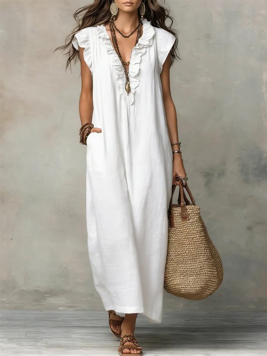 Linen Maxi Dress with V-Neck and Flutter Sleeve for Women - White