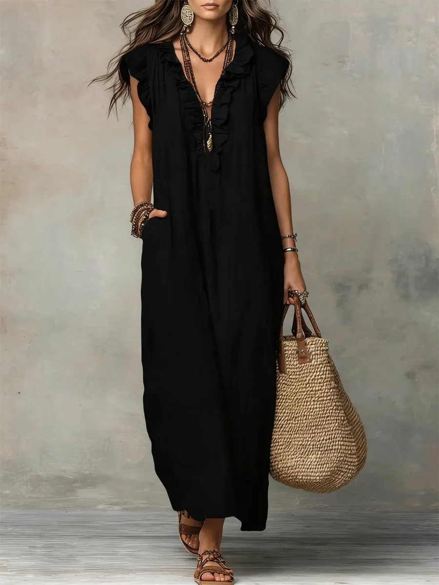 Linen Maxi Dress with V-Neck and Flutter Sleeve for Women - Black