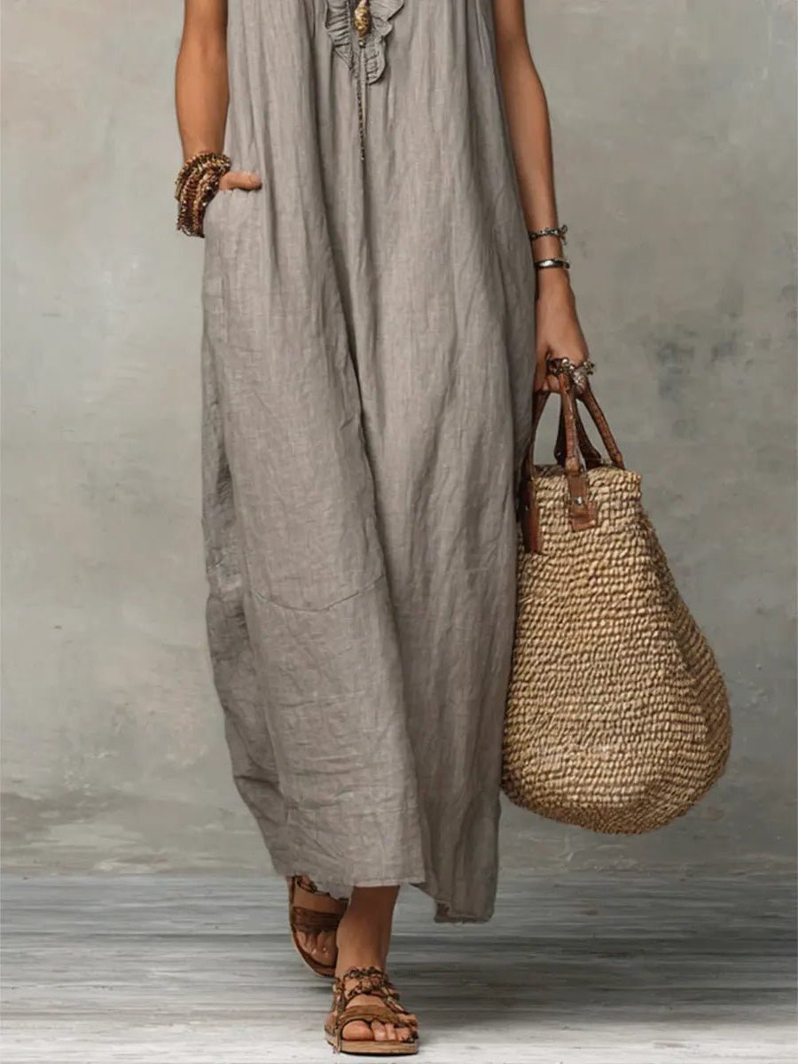 Linen Maxi Dress with V-Neck and Flutter Sleeve for Women - View 7
