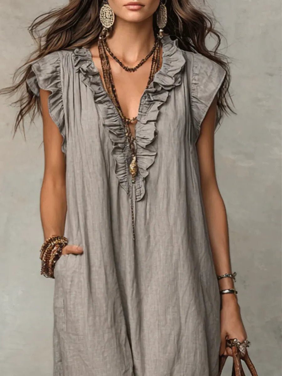 Linen Maxi Dress with V-Neck and Flutter Sleeve for Women - View 8