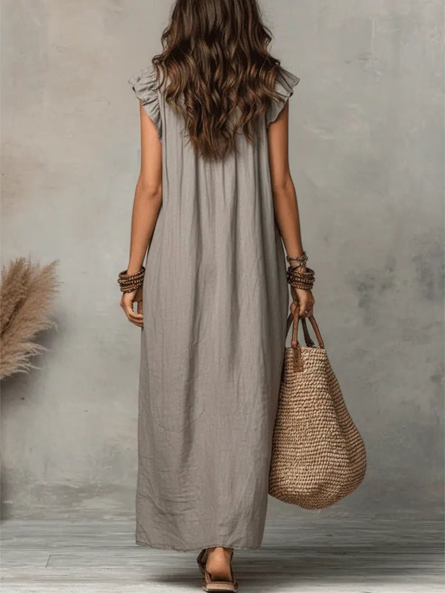 Linen Maxi Dress with V-Neck and Flutter Sleeve for Women - View 9
