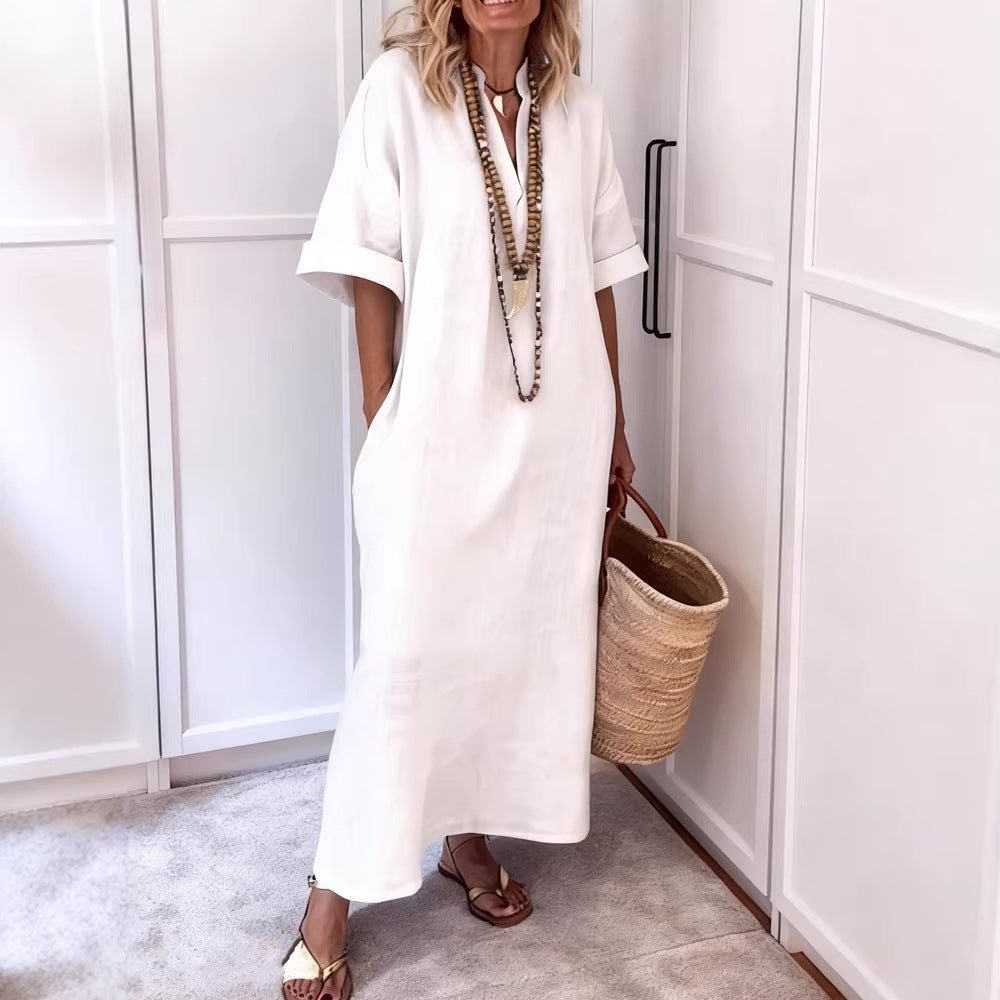 Linen Maxi Shift Dress with V-Neck and Pockets for Women - View 2