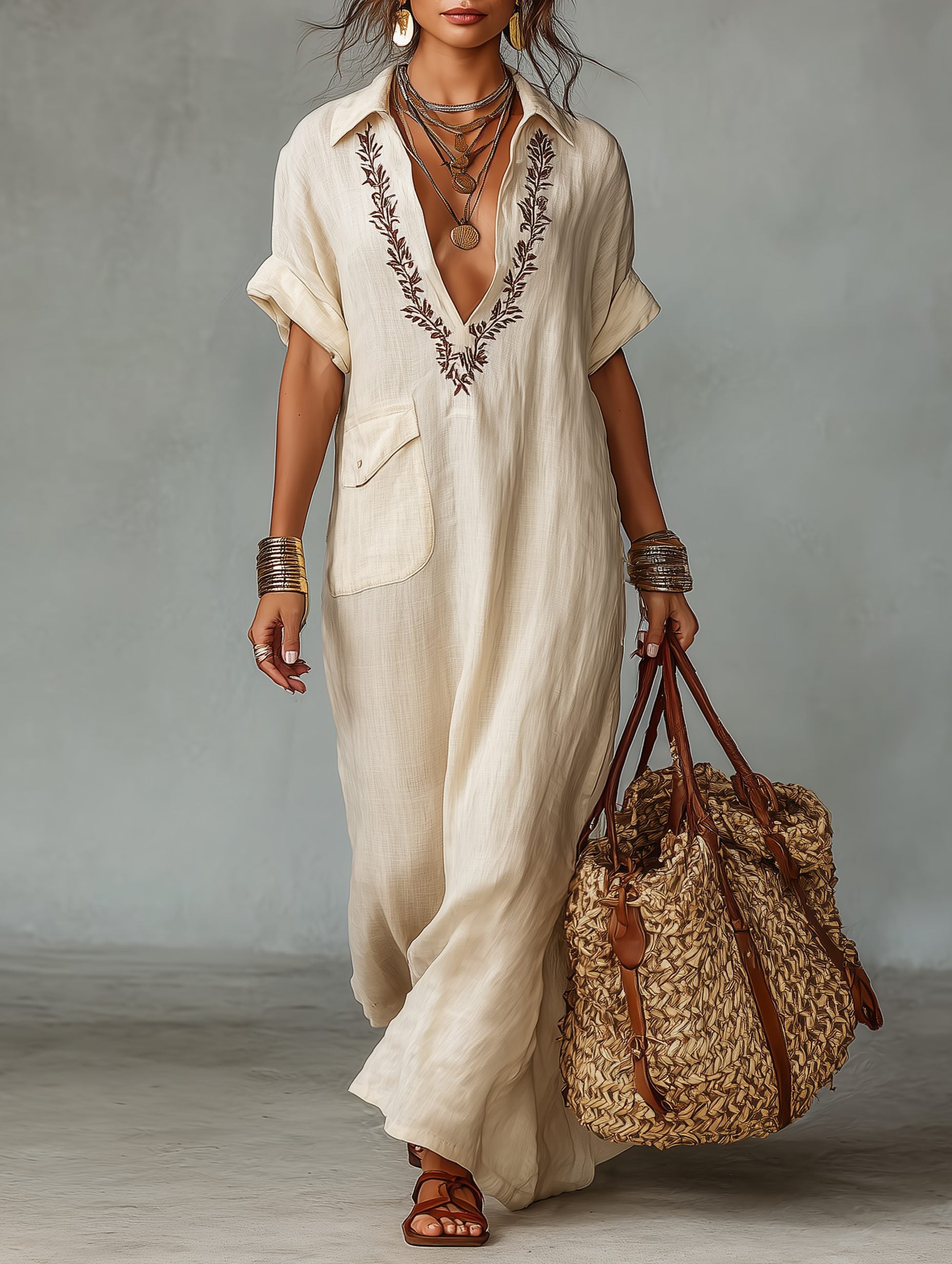 Linen Maxi Shirt Dress with Embroidered V-Neck for Women