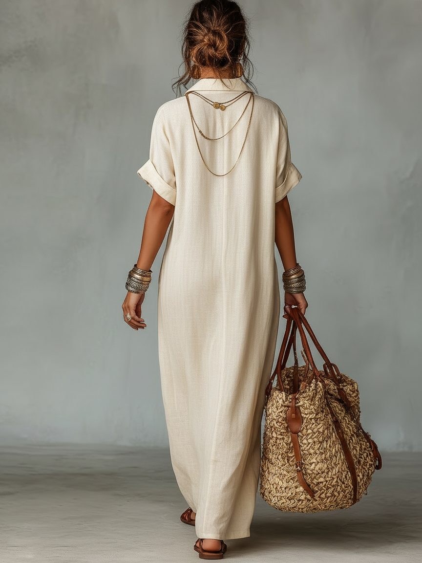 Linen Maxi Shirt Dress with Embroidered V-Neck for Women - View 2