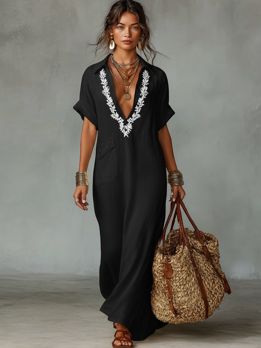 Linen Maxi Shirt Dress with Embroidered V-Neck for Women - Black