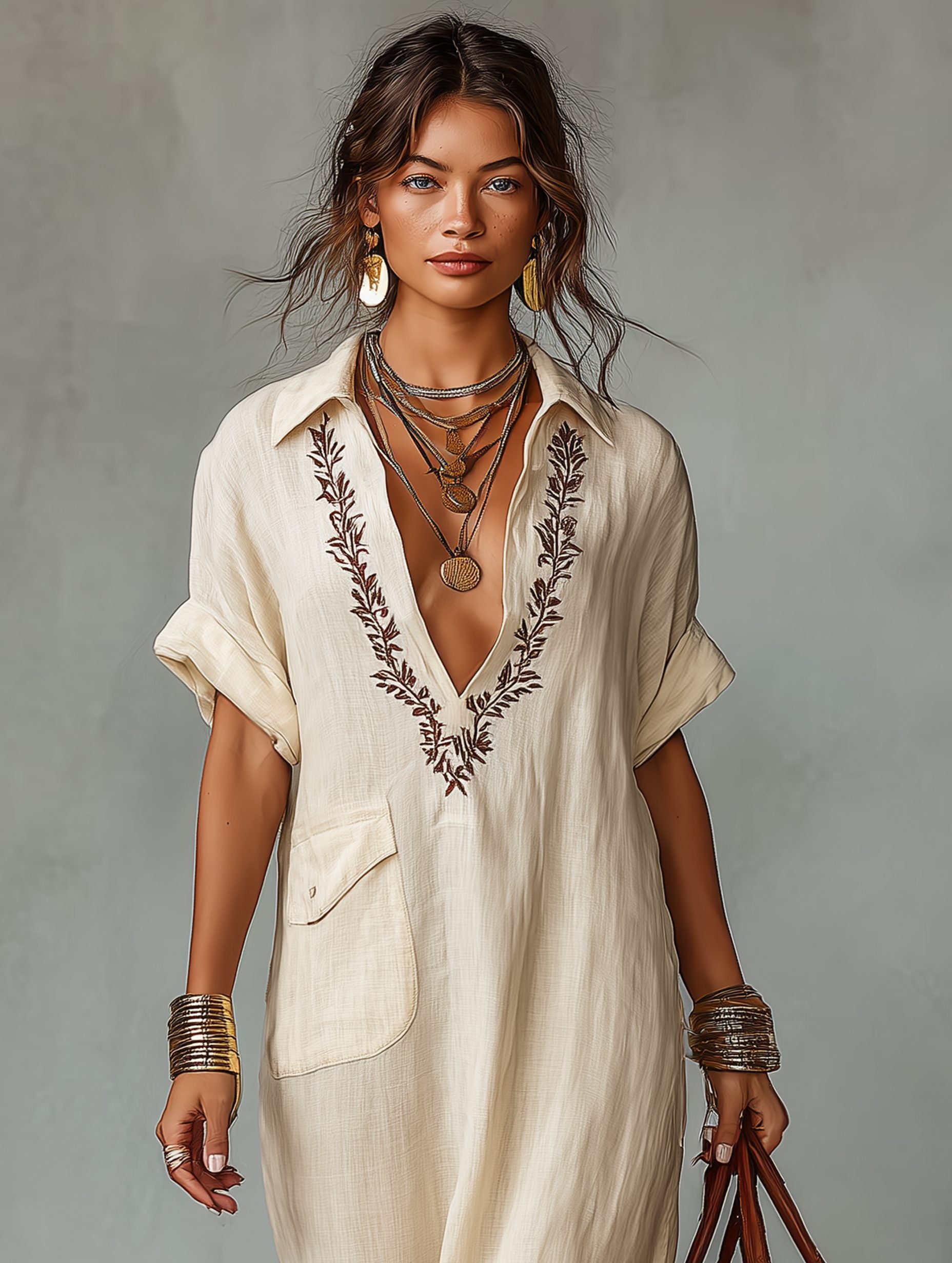 Linen Maxi Shirt Dress with Embroidered V-Neck for Women - View 4