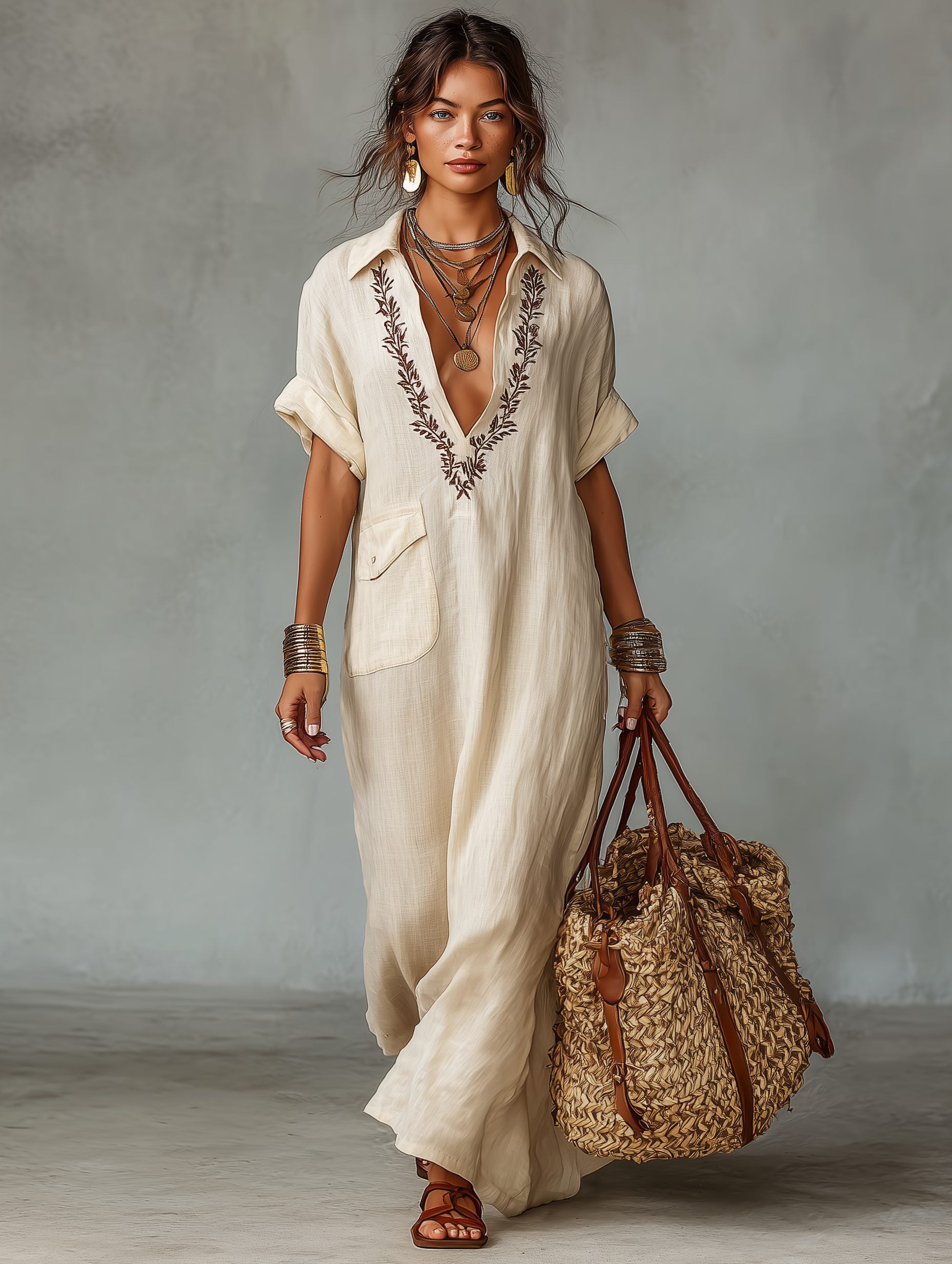 Linen Maxi Shirt Dress with Embroidered V-Neck for Women - View 6