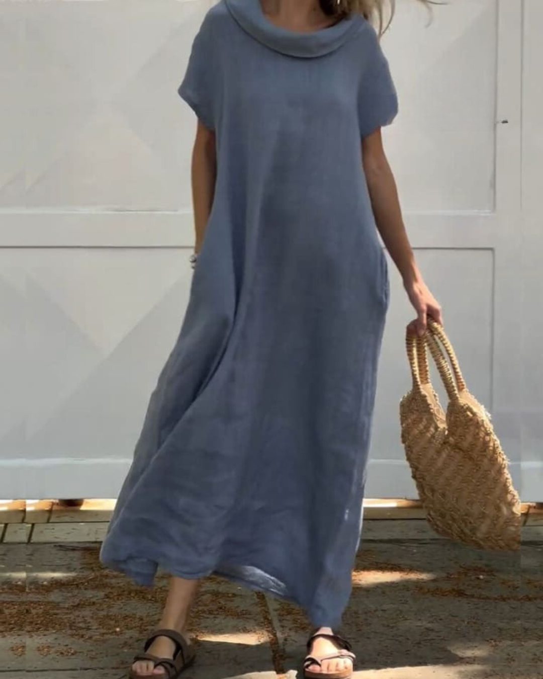 Linen Maxi Shirt Dress with Stand Collar for Women