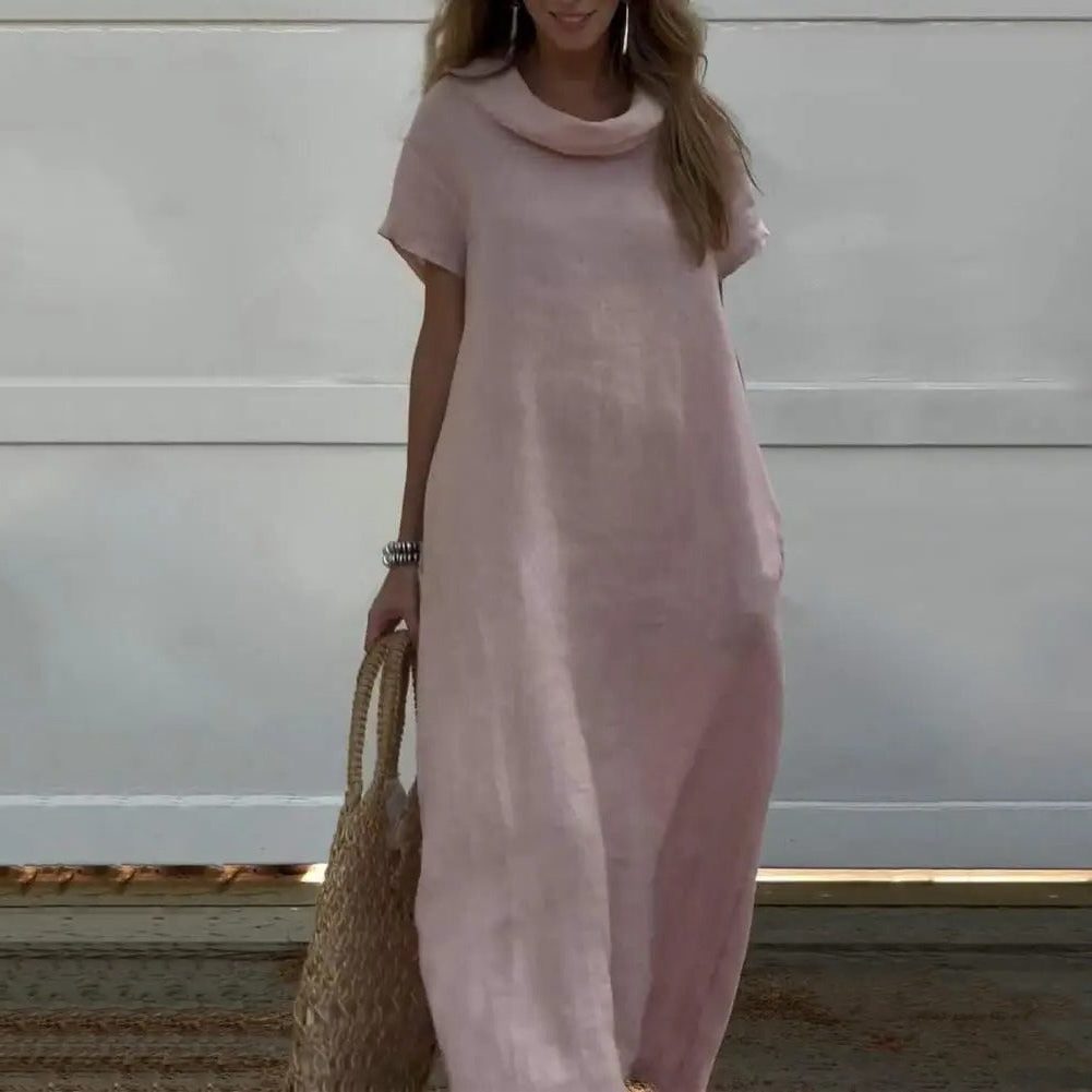 Linen Maxi Shirt Dress with Stand Collar for Women - Pink