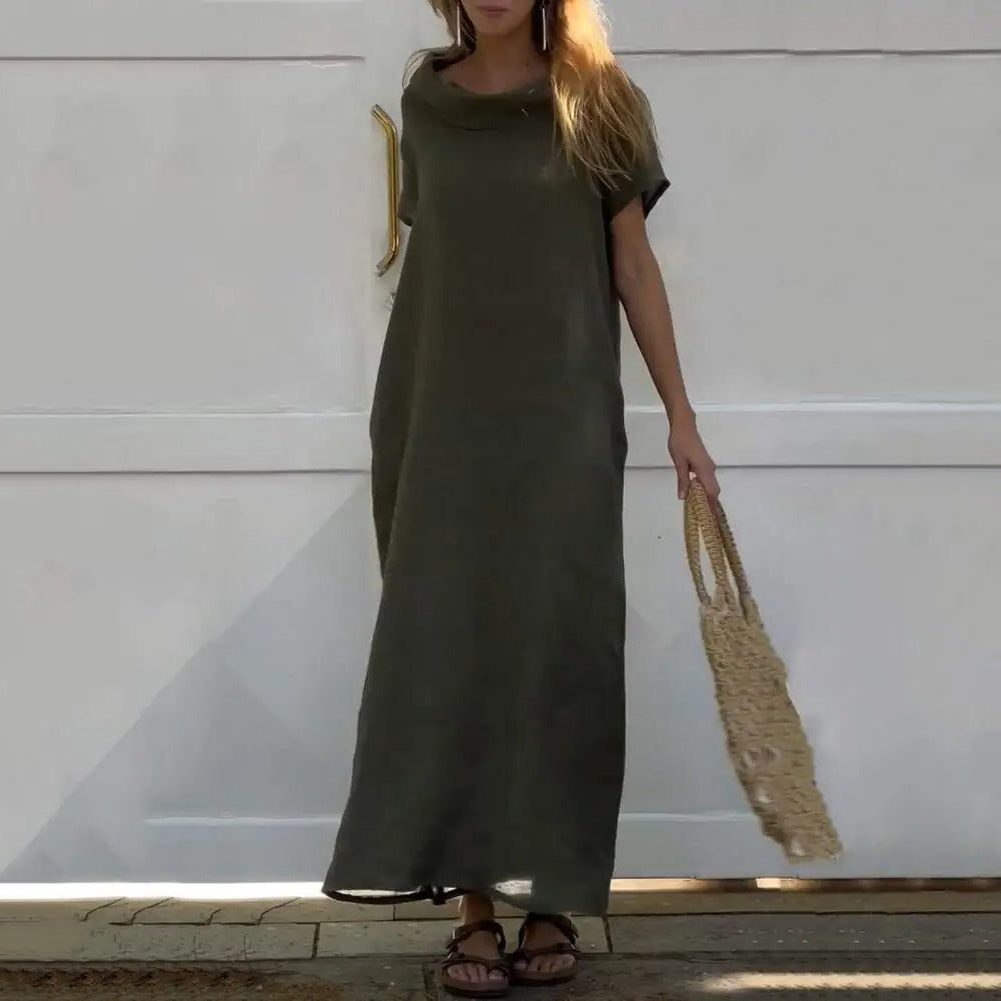 Linen Maxi Shirt Dress with Stand Collar for Women - Military Green