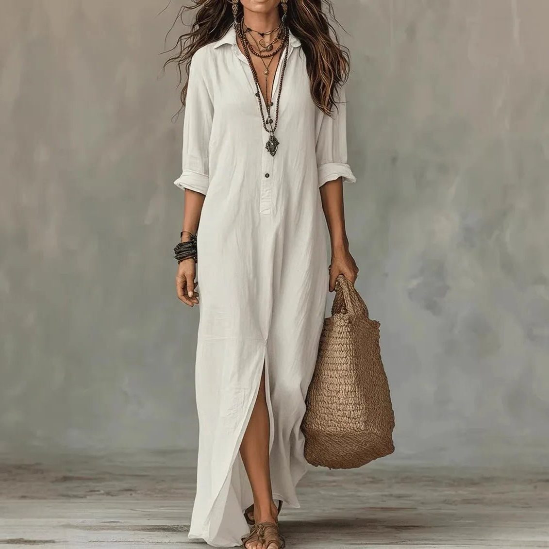 Linen Maxi Shirt Dress with Three Quarter Sleeves for Women