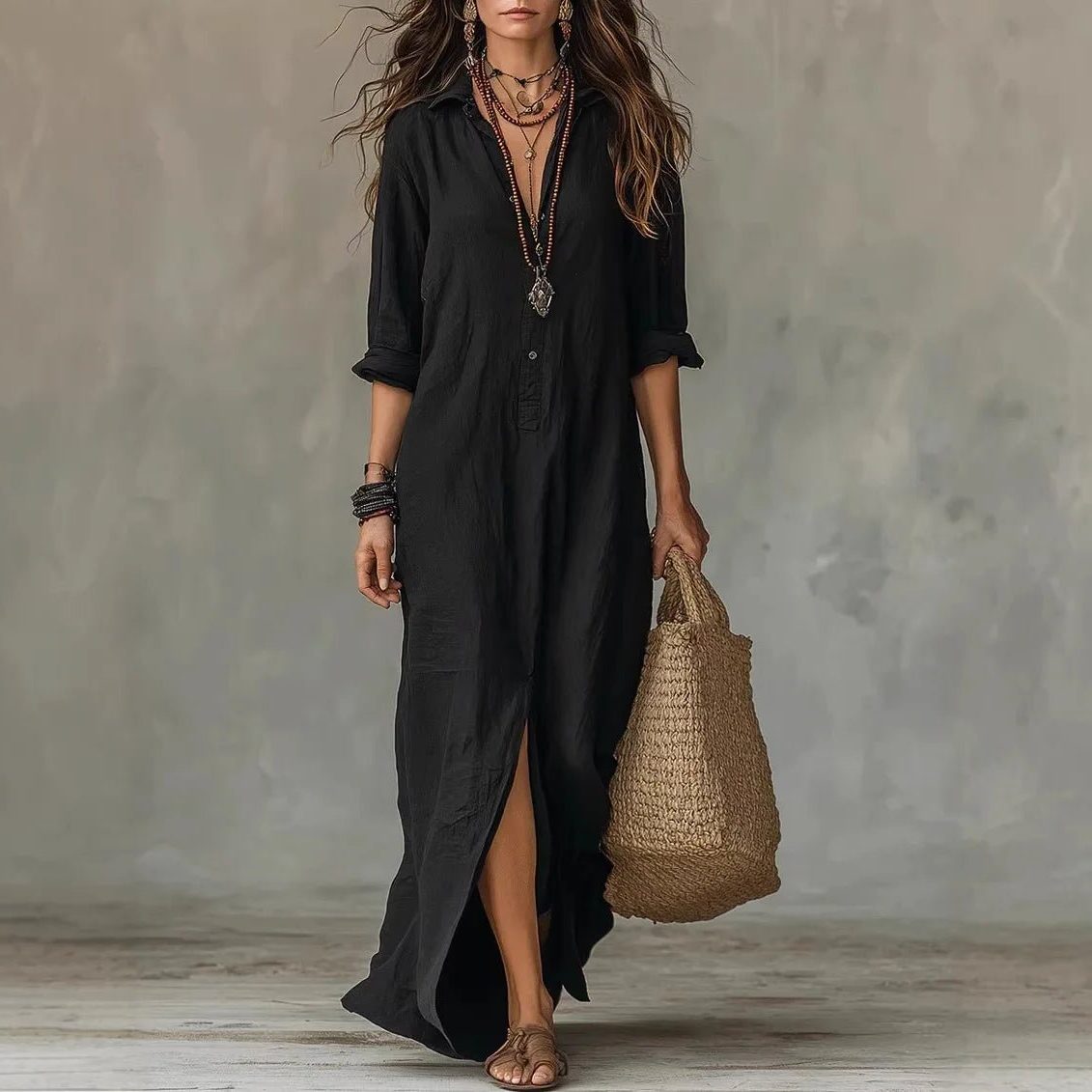 Linen Maxi Shirt Dress with Three Quarter Sleeves for Women - Black