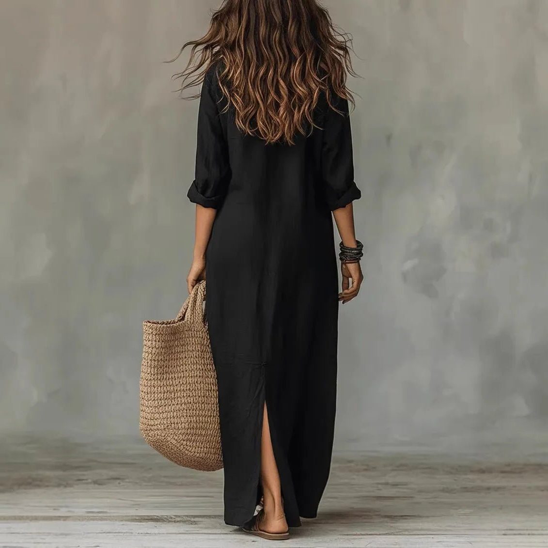 Linen Maxi Shirt Dress with Three Quarter Sleeves for Women - View 3