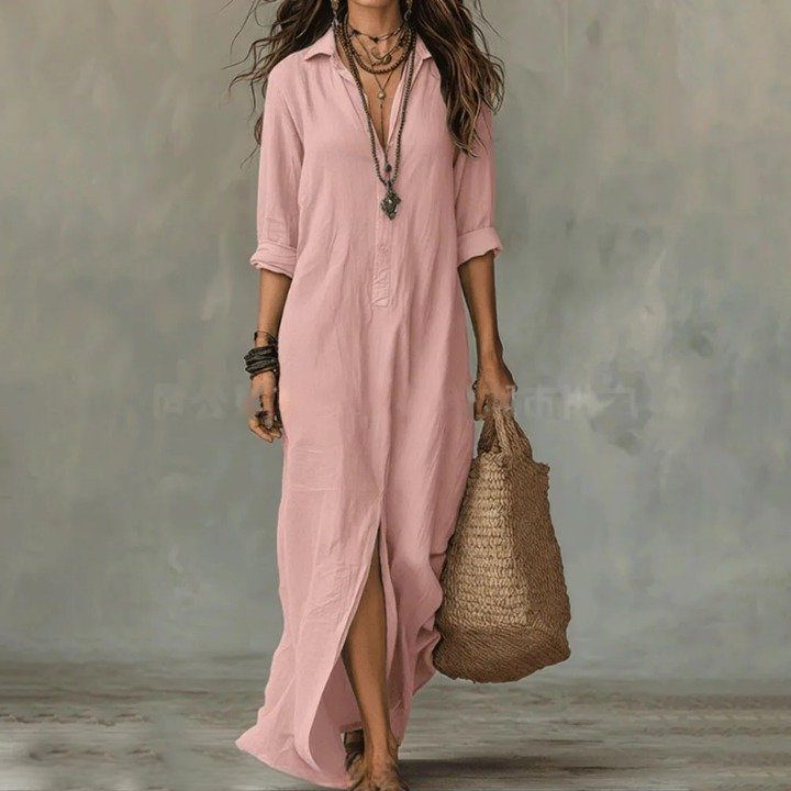 Linen Maxi Shirt Dress with Three Quarter Sleeves for Women - Pink