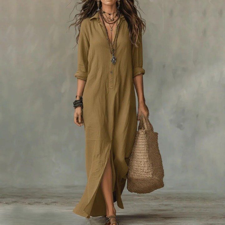 Linen Maxi Shirt Dress with Three Quarter Sleeves for Women - Khaki