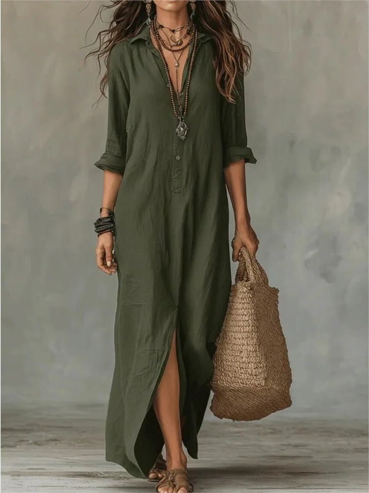 Linen Maxi Shirt Dress with Three Quarter Sleeves for Women - Army Green