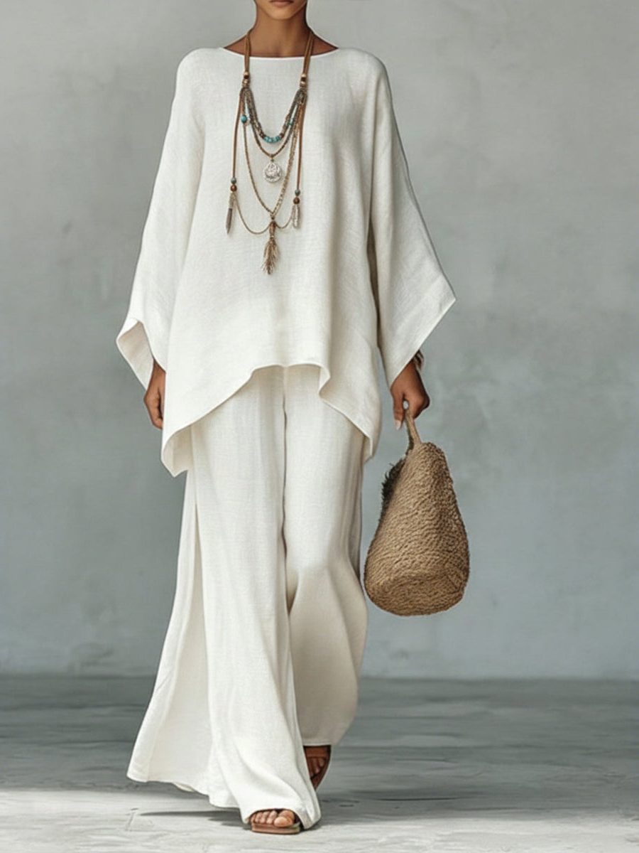 Linen Maxi Two-Piece Set for Women - Blanc
