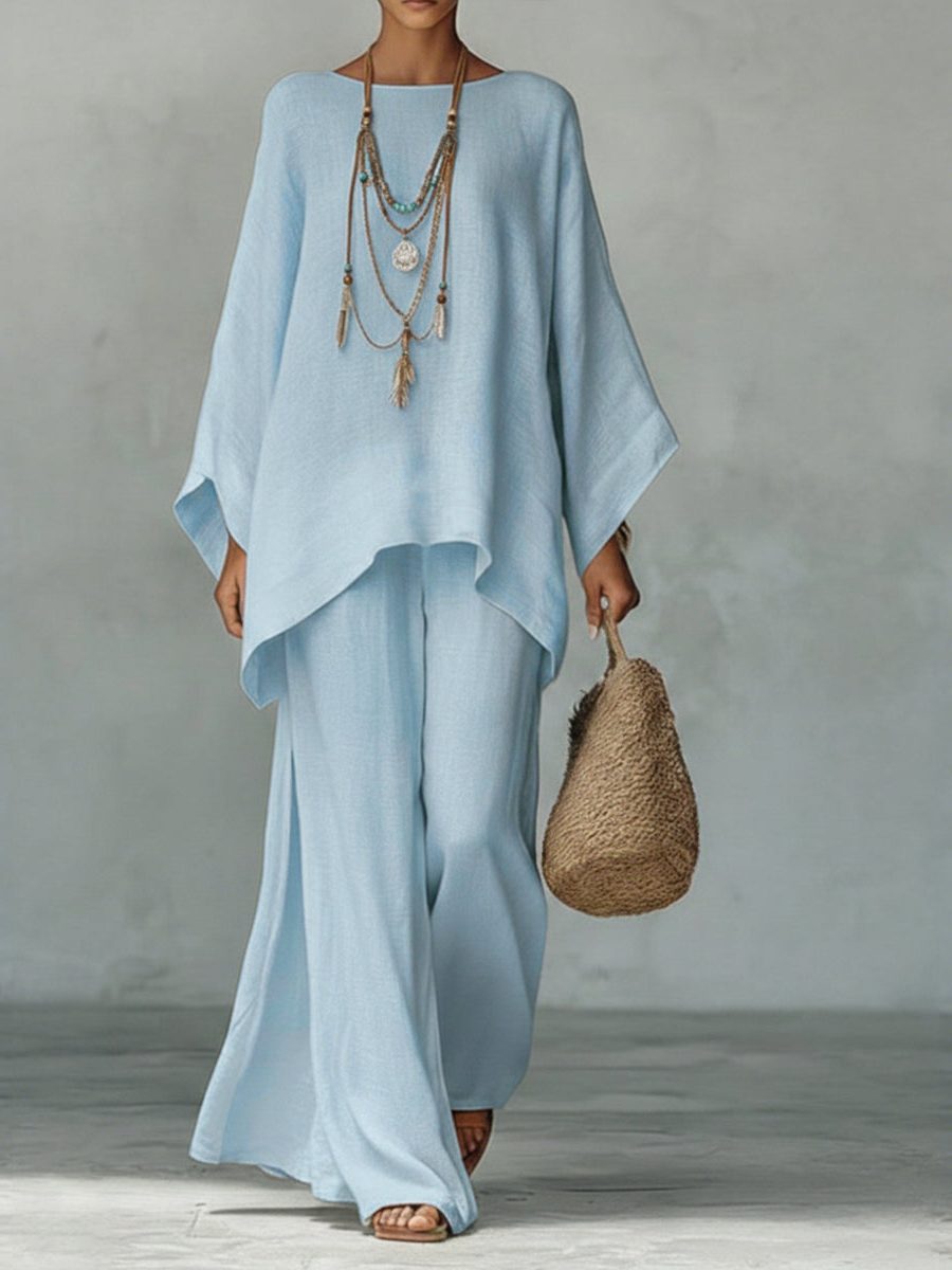 Linen Maxi Two-Piece Set for Women - Bleu clair