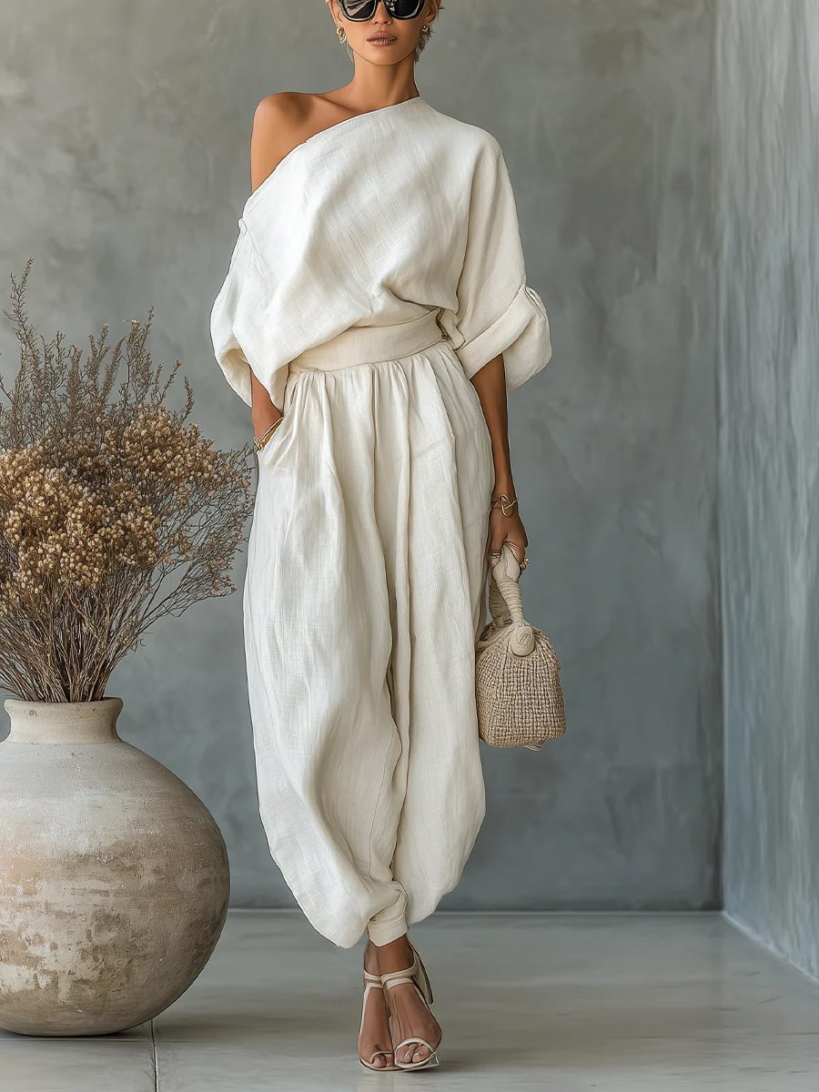 Linen Off-Shoulder Tapered Trousers Set for Women