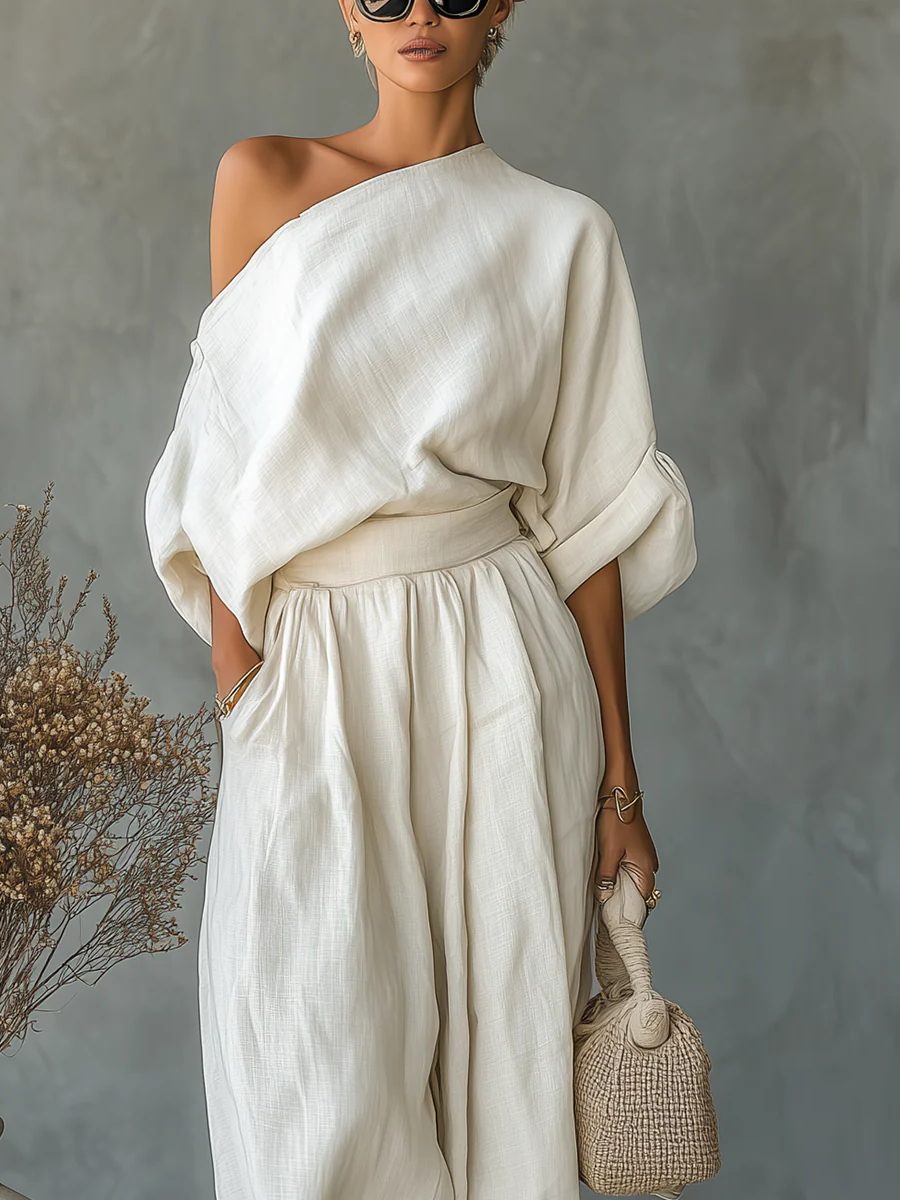 Linen Off-Shoulder Tapered Trousers Set for Women - View 2