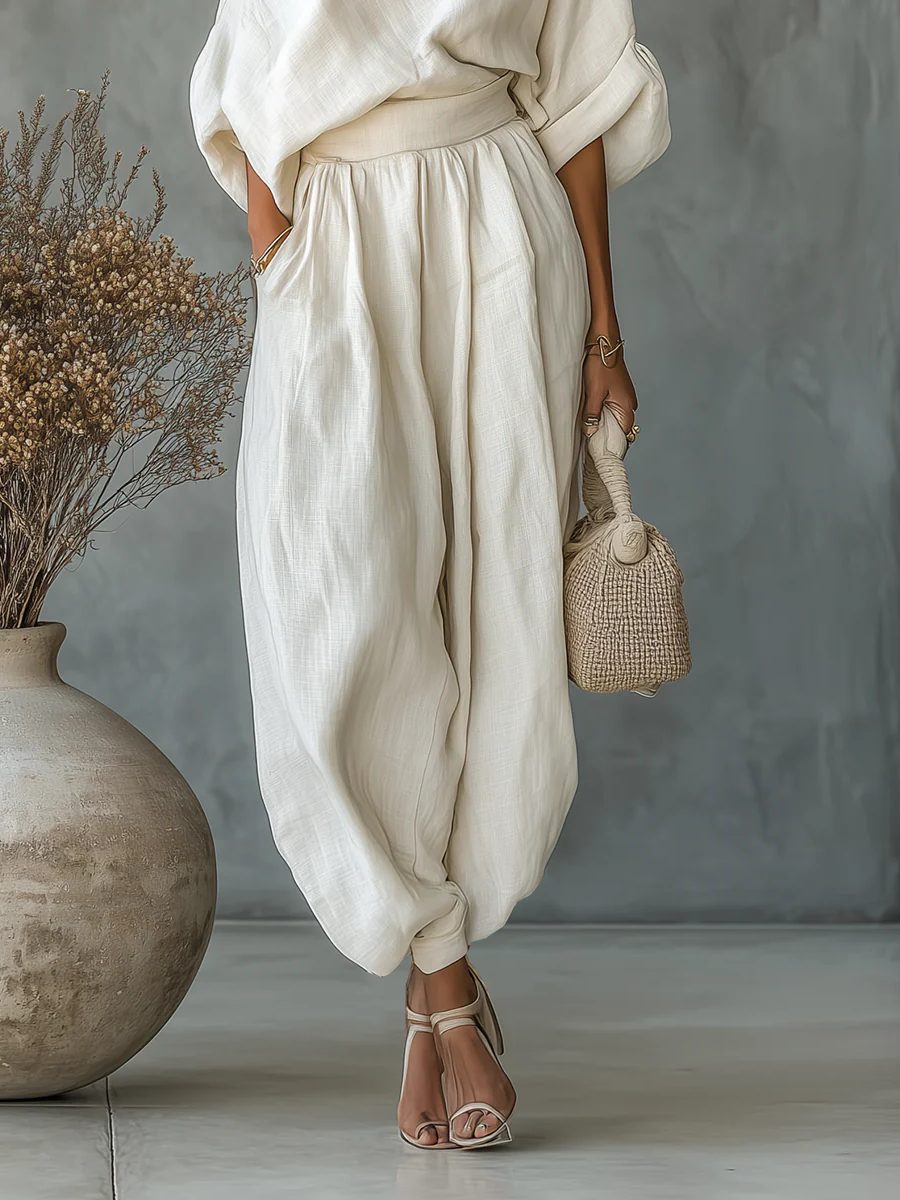 Linen Off-Shoulder Tapered Trousers Set for Women - View 3