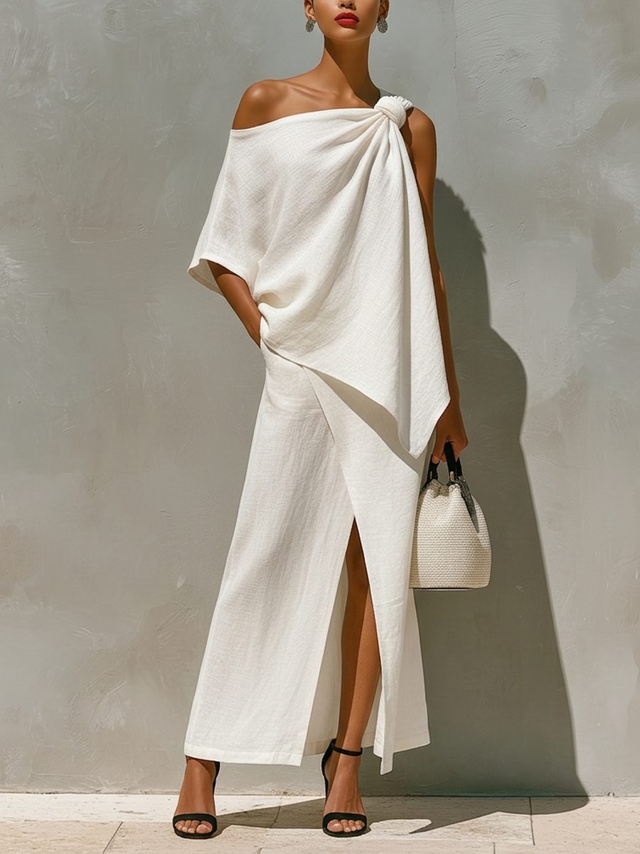 Linen One-Shoulder Maxi Skirt Set with Front Slit for Women