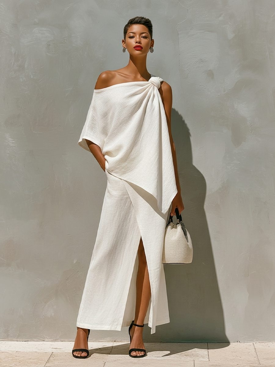 Linen One-Shoulder Maxi Skirt Set with Front Slit for Women