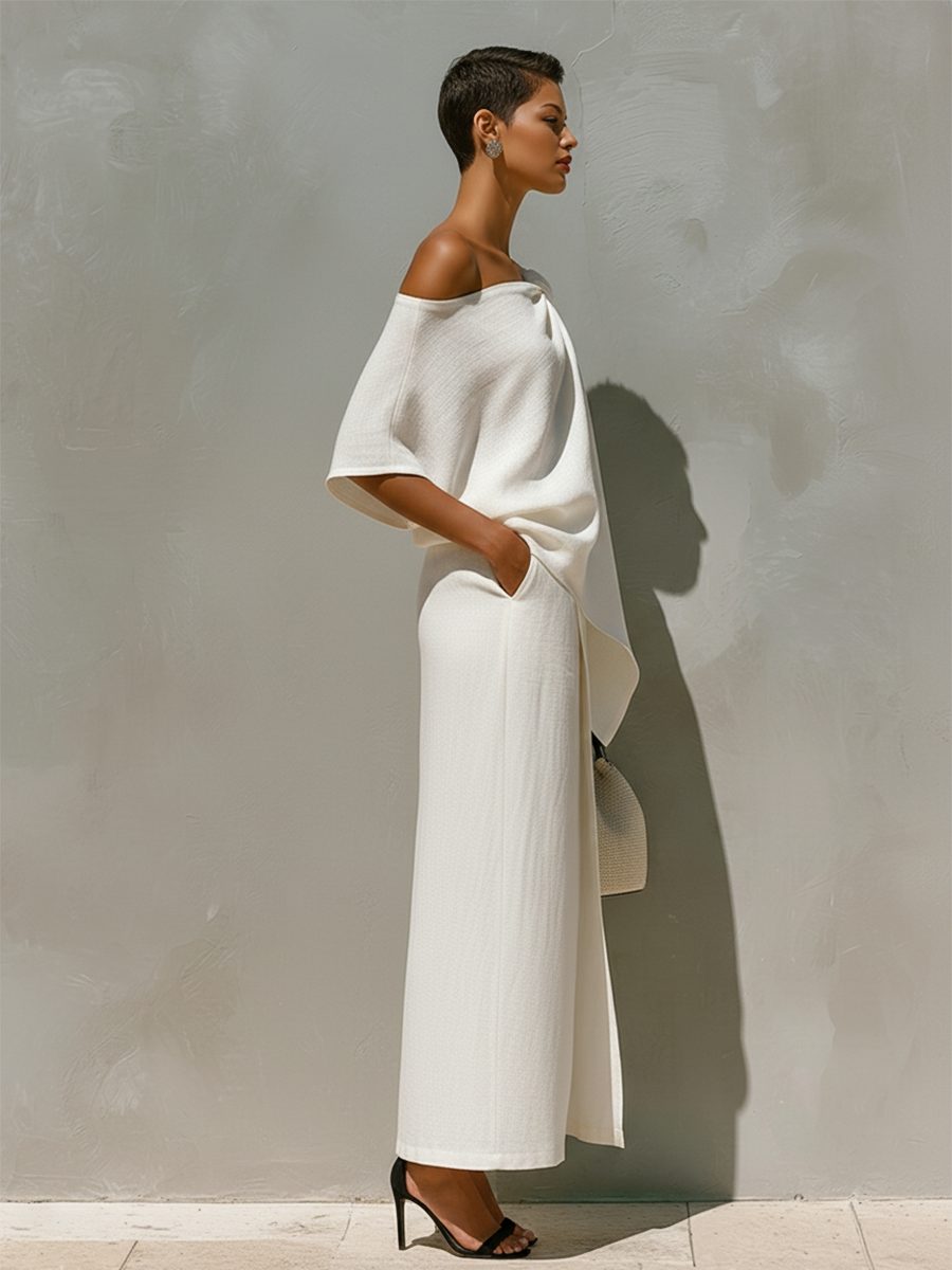 Linen One-Shoulder Maxi Skirt Set with Front Slit for Women - View 5