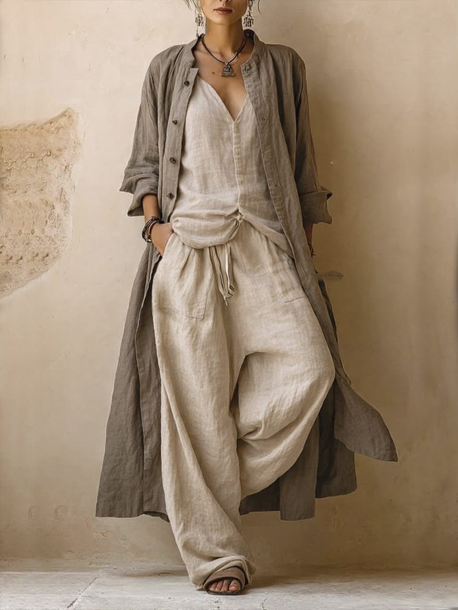 Linen Oversized Shirt with Wide Leg Trousers Set for Women