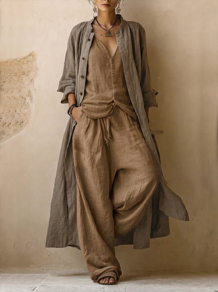 Linen Oversized Shirt with Wide Leg Trousers Set for Women - Brown