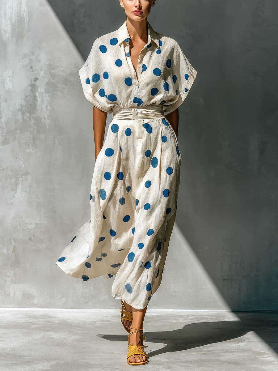 Linen Polka Dot Shirt Maxi Dress for Women