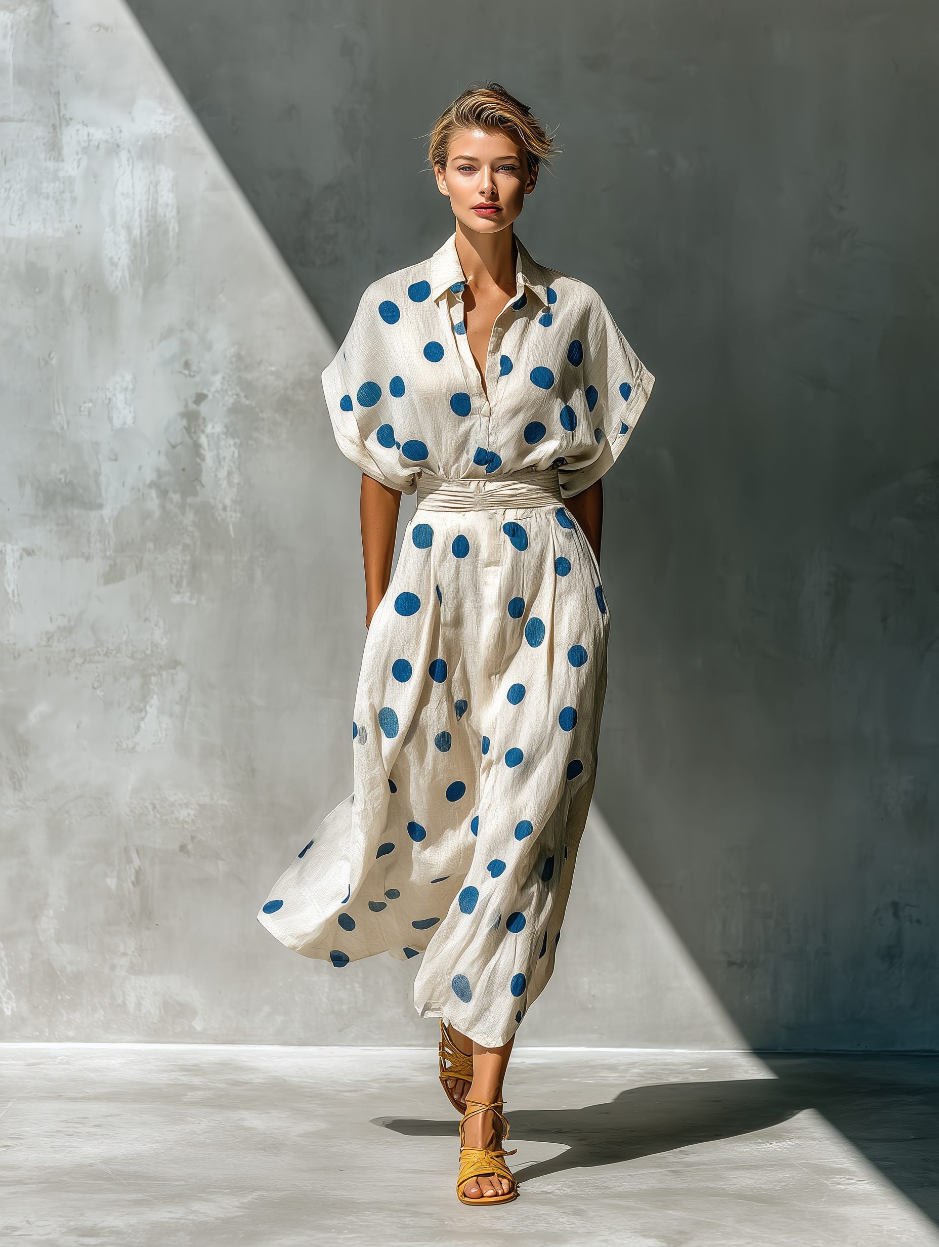 Linen Polka Dot Shirt Maxi Dress for Women - View 2