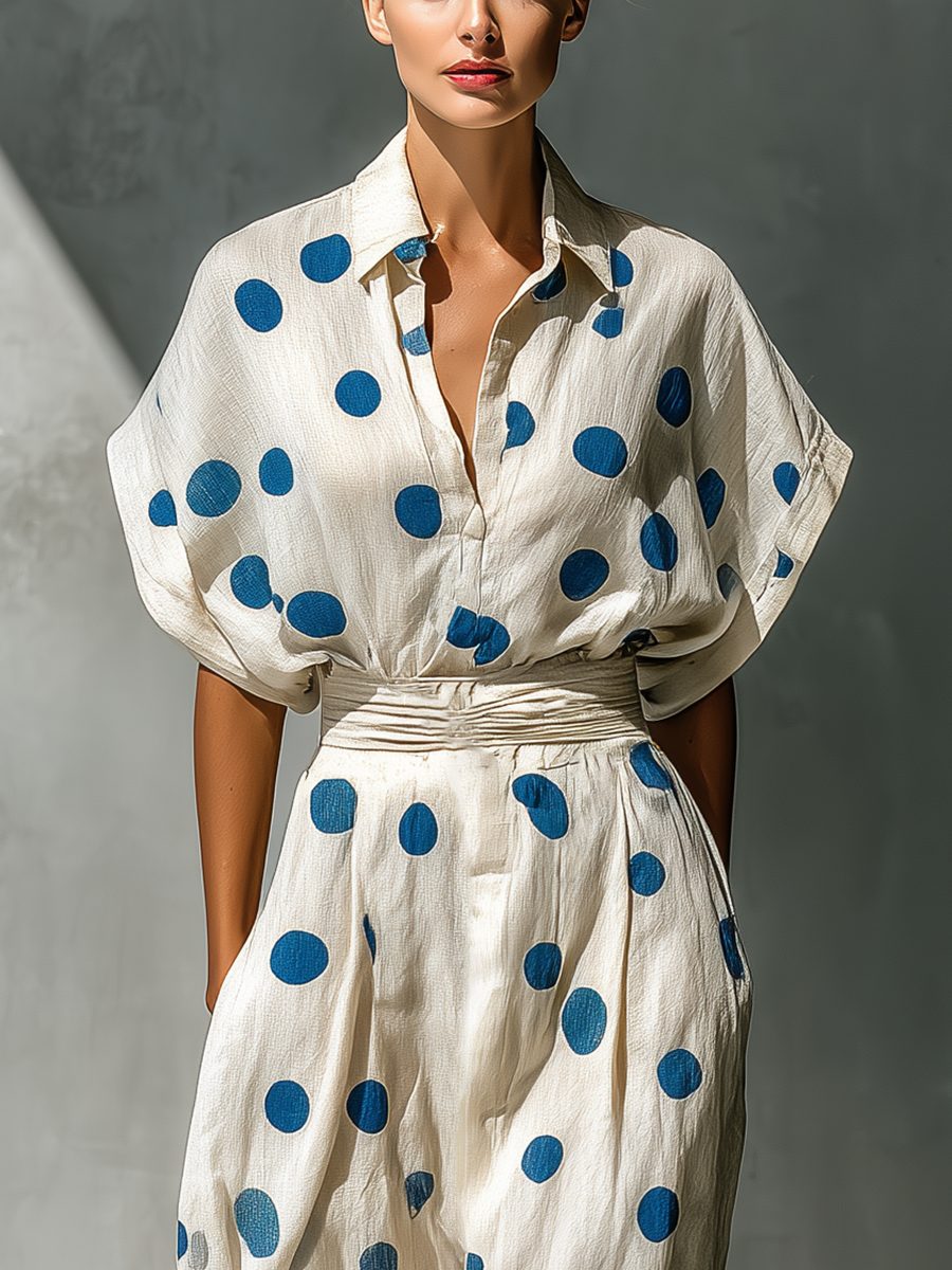 Linen Polka Dot Shirt Maxi Dress for Women - View 3