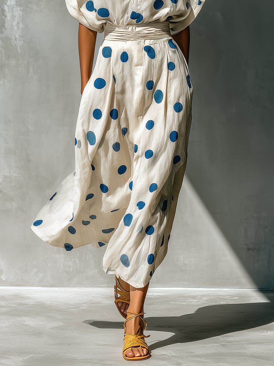 Linen Polka Dot Shirt Maxi Dress for Women - View 4