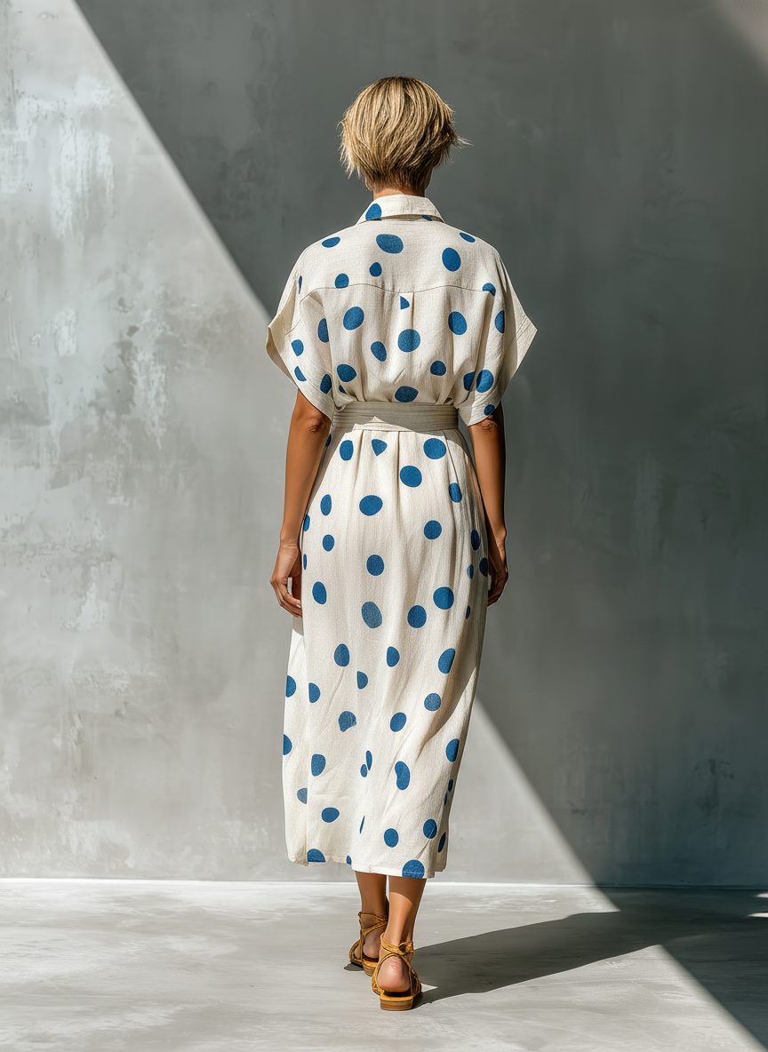 Linen Polka Dot Shirt Maxi Dress for Women - View 5