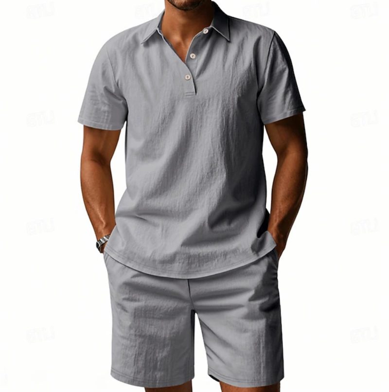 Linen Polo Short Sleeve Set for Men - Grey