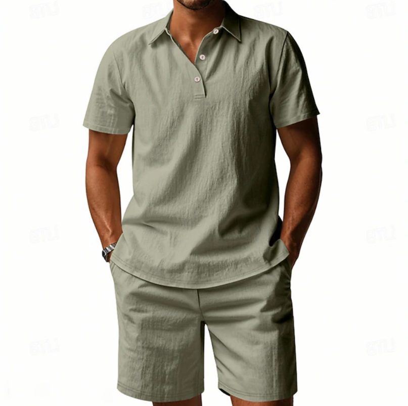 Linen Polo Short Sleeve Set for Men - Green