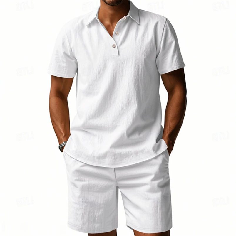 Linen Polo Short Sleeve Set for Men - White