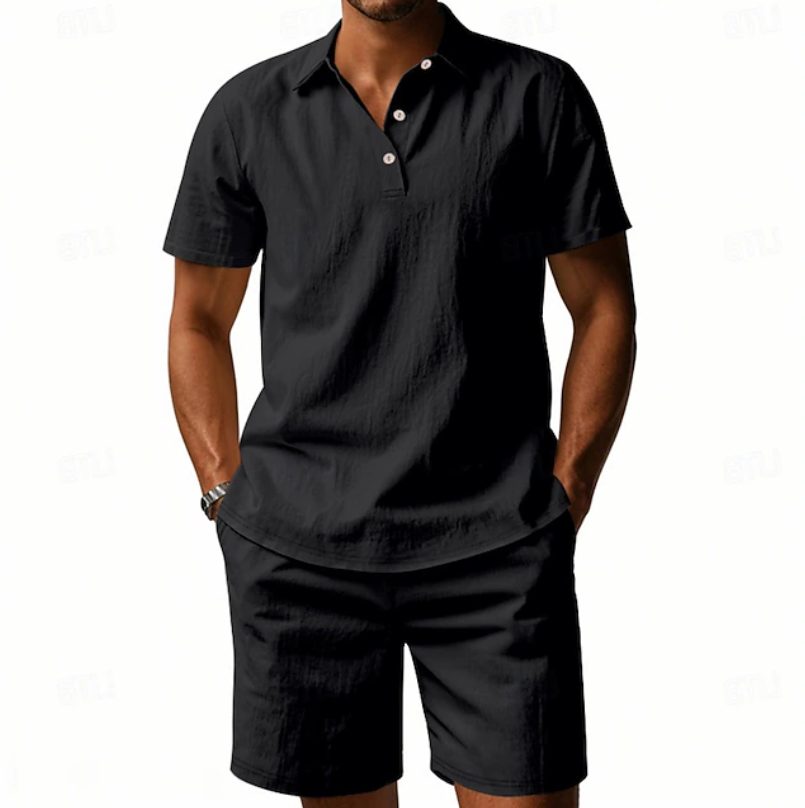 Linen Polo Short Sleeve Set for Men - Black