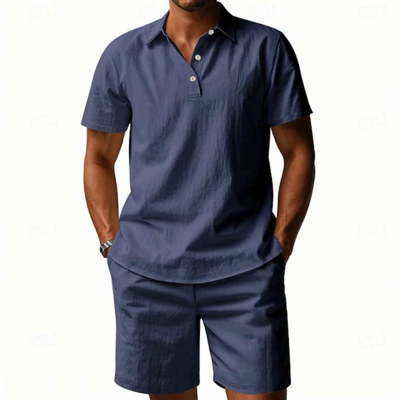 Linen Polo Short Sleeve Set for Men - Navy Blue