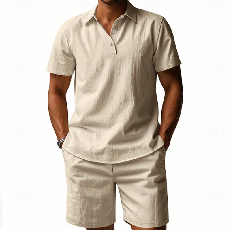 Linen Polo Short Sleeve Set for Men - Beige