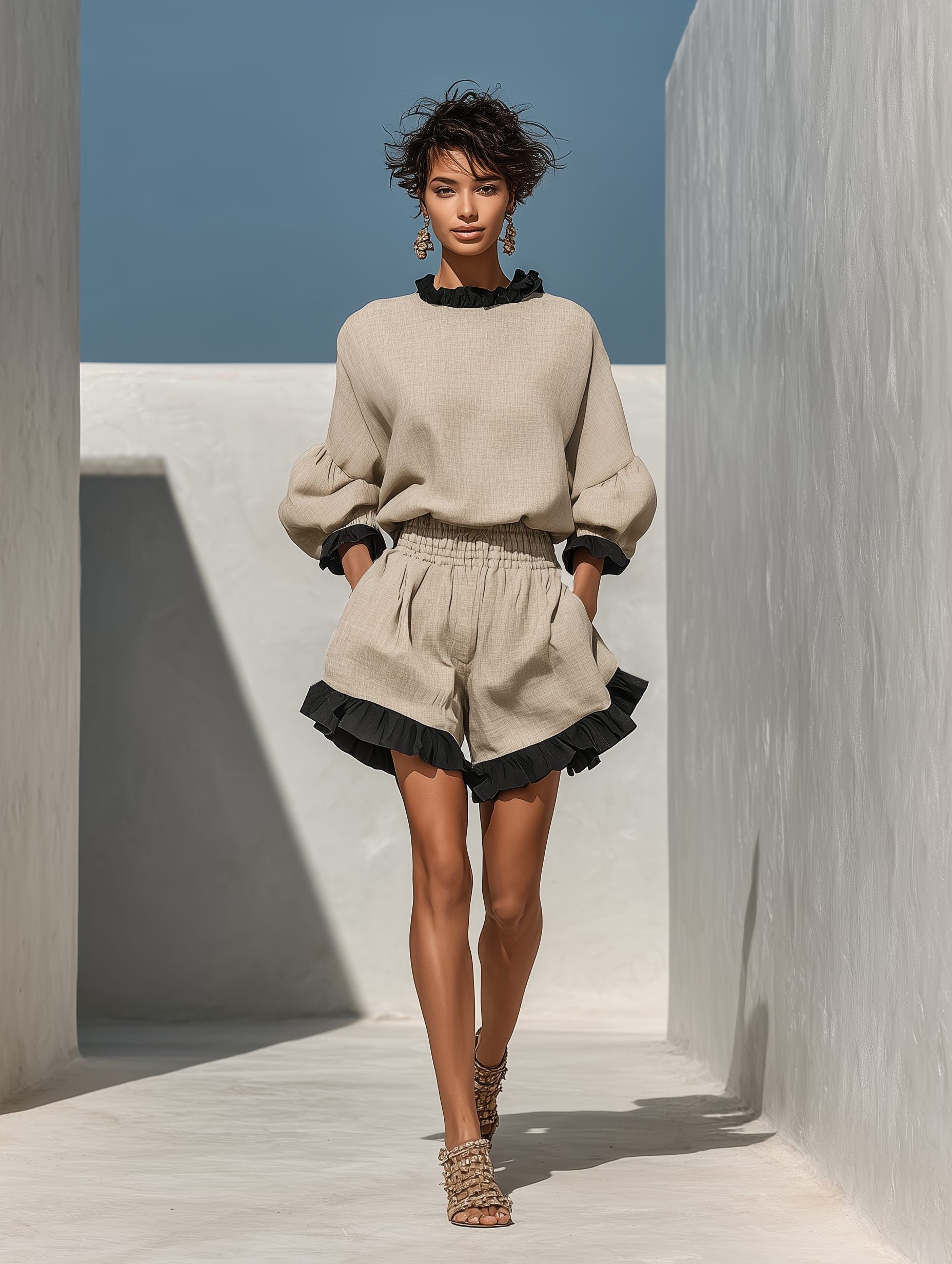 Linen Ruffle Trim Shorts Set for Women