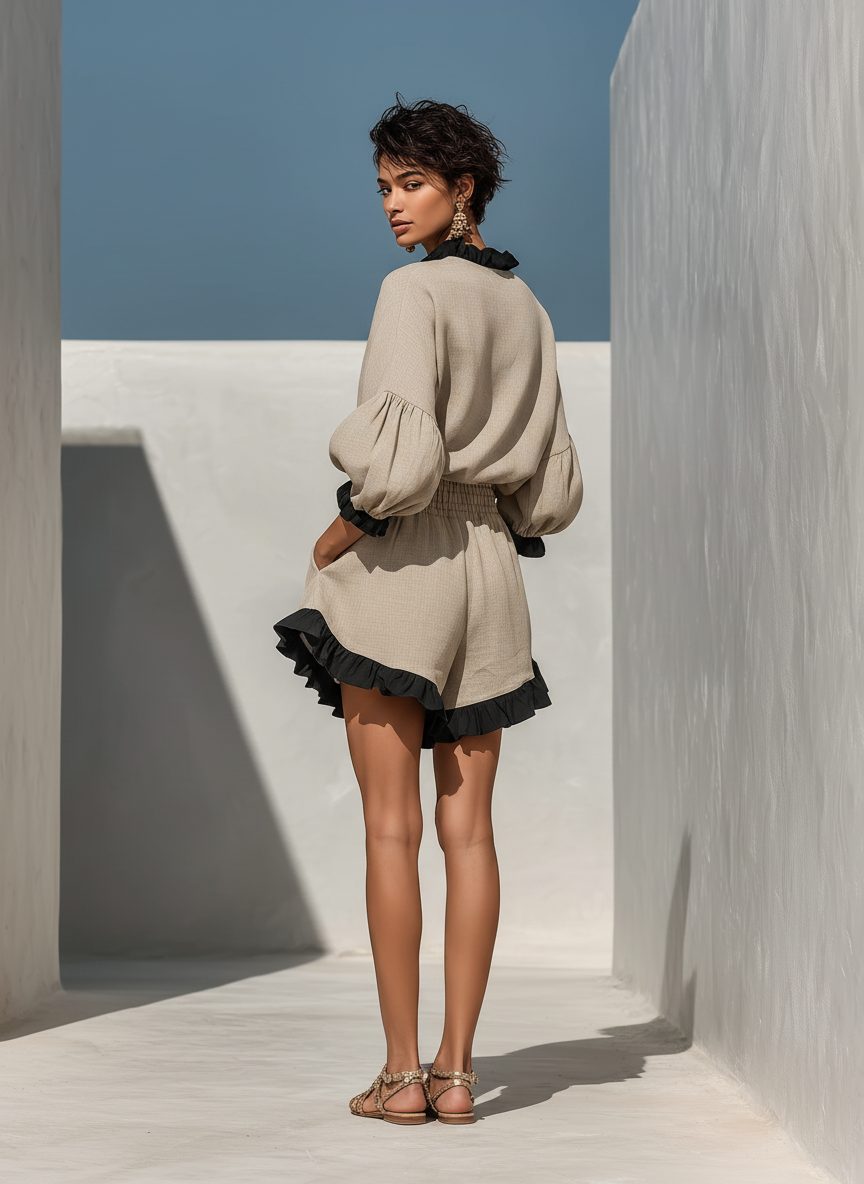 Linen Ruffle Trim Shorts Set for Women - View 3