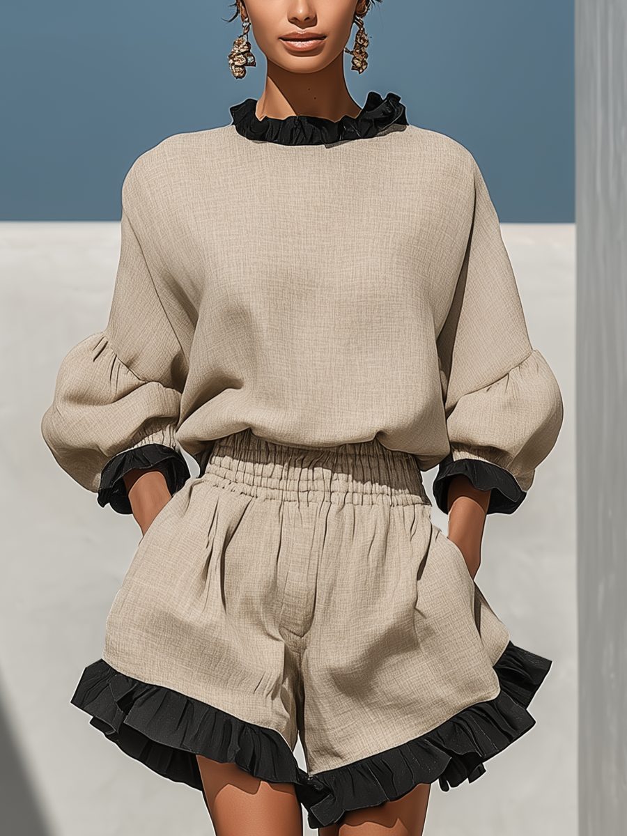 Linen Ruffle Trim Shorts Set for Women - View 4