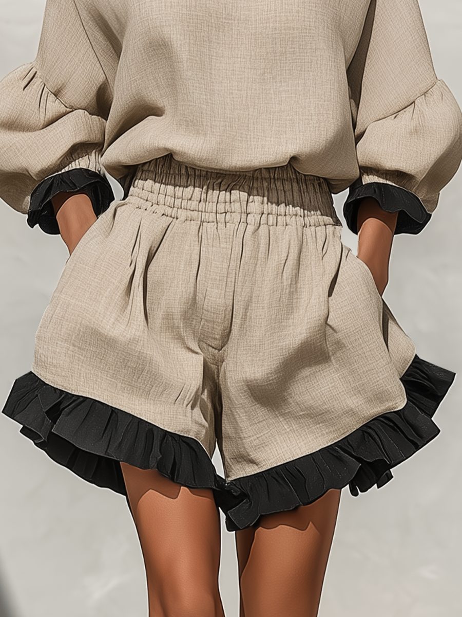Linen Ruffle Trim Shorts Set for Women - View 5