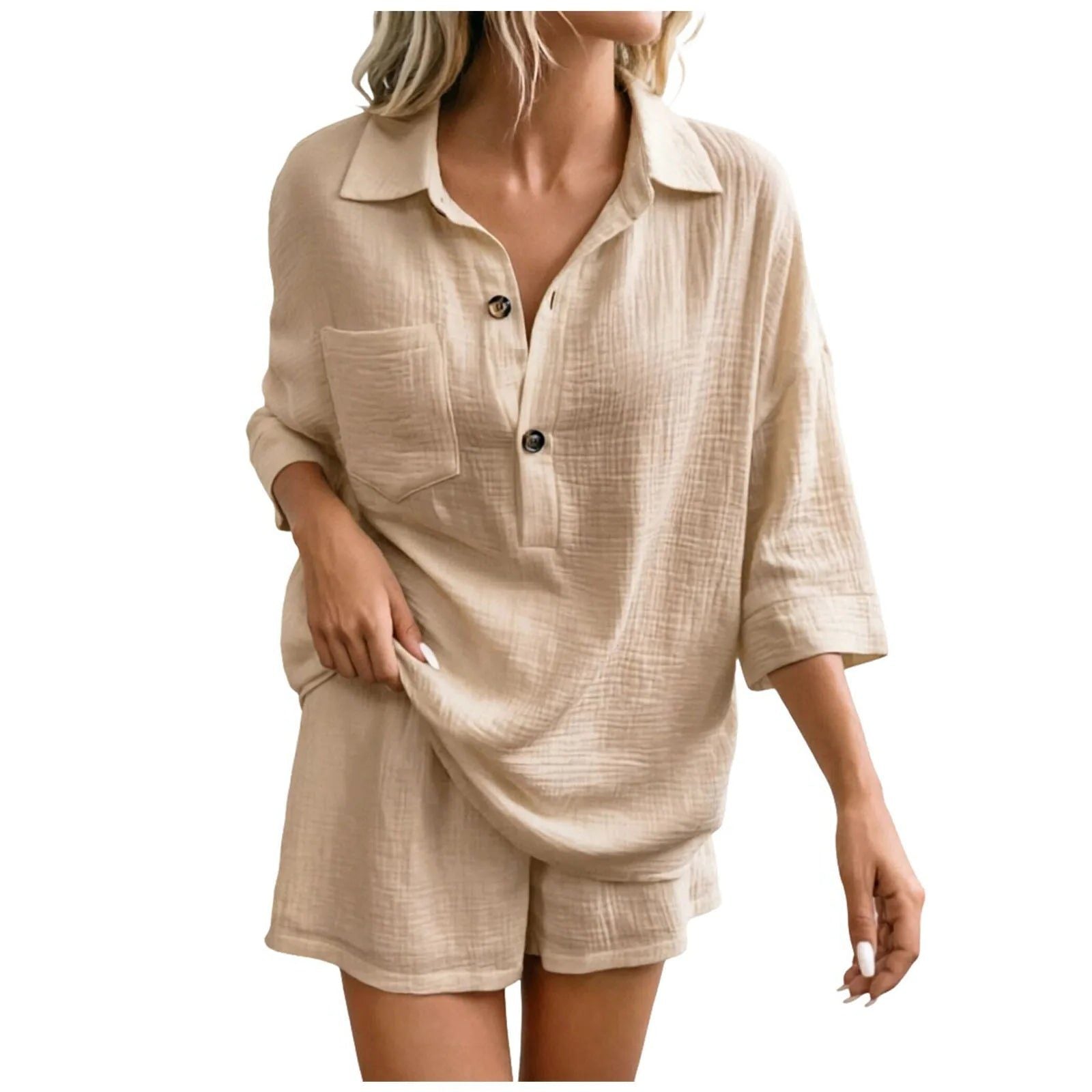 Linen Shirt Shorts Set for Women - Khaki