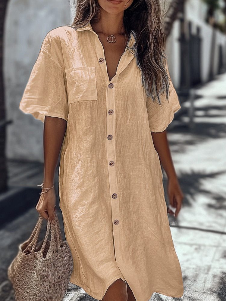 Linen Short Sleeve Maxi Shirt Dress for Women - Ginger