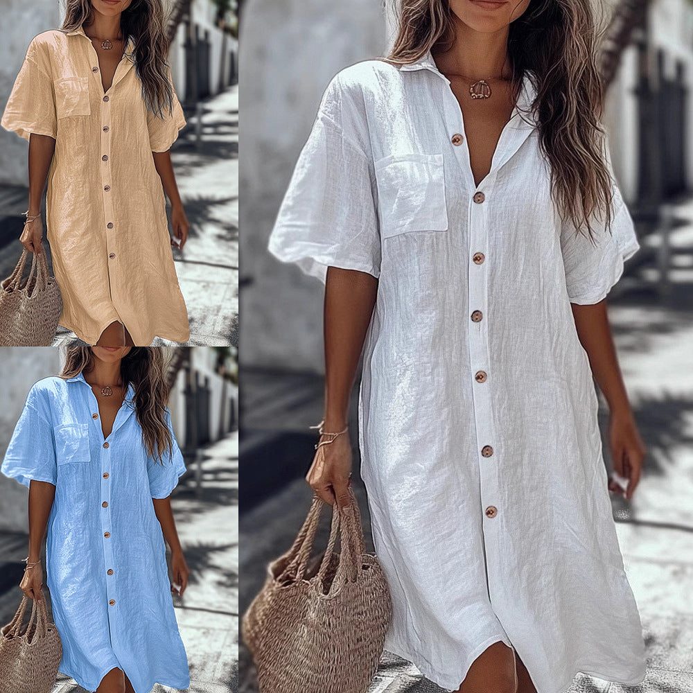 Linen Short Sleeve Maxi Shirt Dress for Women