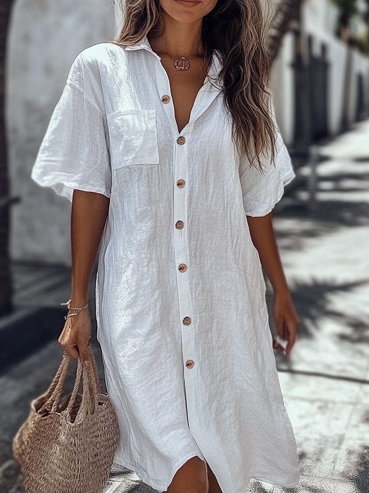 Linen Short Sleeve Maxi Shirt Dress for Women - White