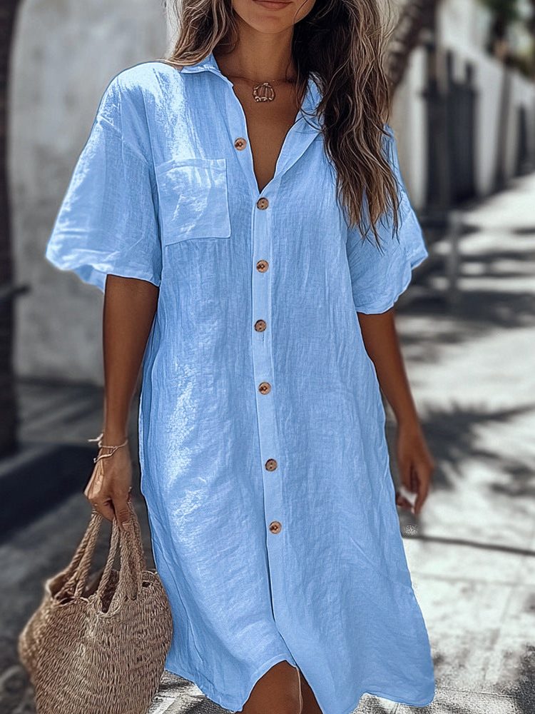 Linen Short Sleeve Maxi Shirt Dress for Women - Sky Blue